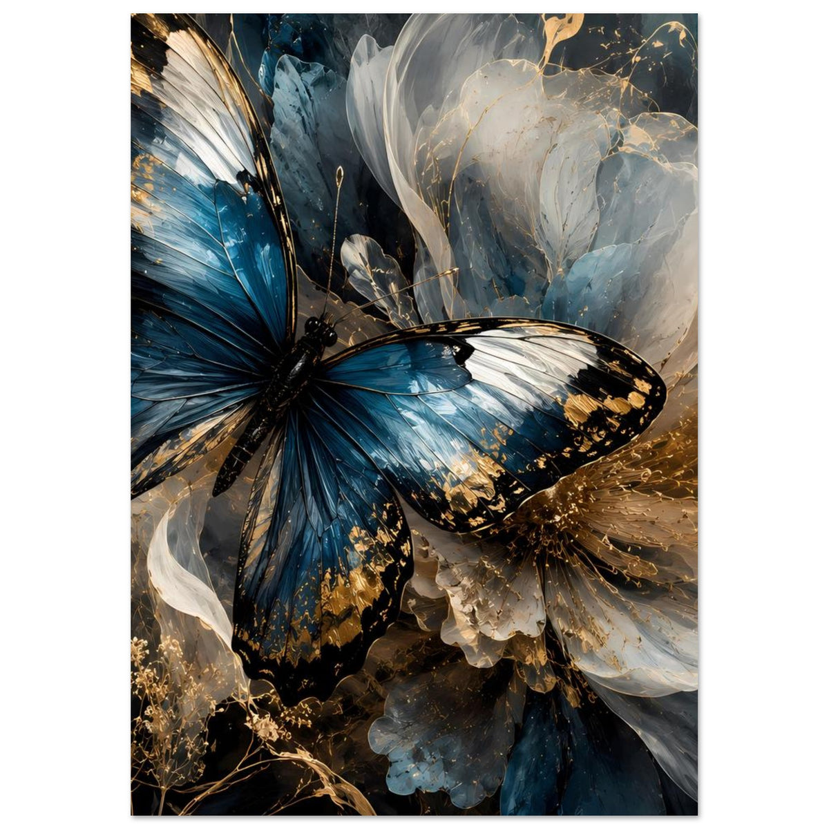 Vertikales Poster mit blauem Schmetterling und weißen Flügeln, goldene Akzente.