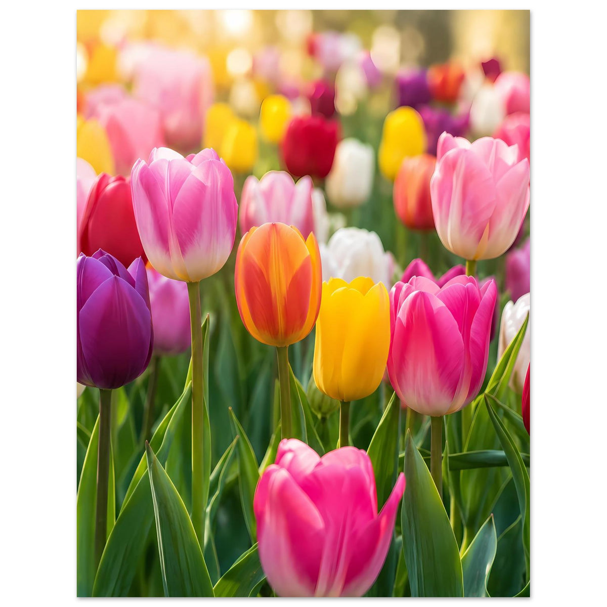 Tulpen-Blumenposter: bunte Tulpen in Pink, Orange und Gelb mit langen grünen Blättern