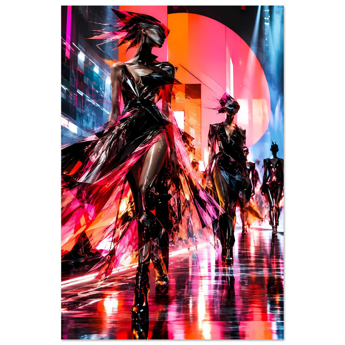 Neon-Fashion-Poster, vertikal: Model-Silhouetten in Schwarz mit Neonrot und -blau im Hintergrund