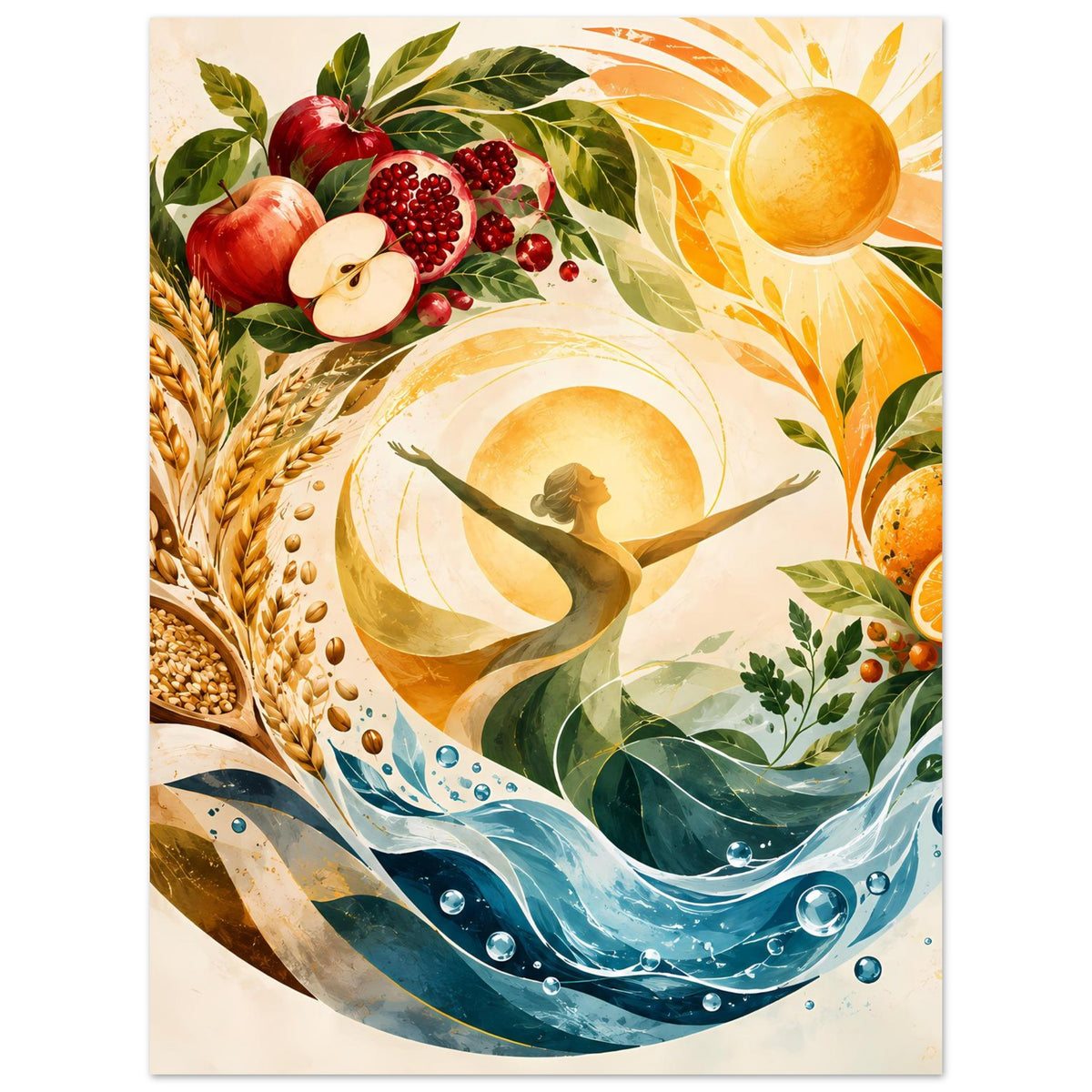 Poster zeigt Sonne über Wellen, Frauensilhouette, Ähren und bunte Erntefrüchte
