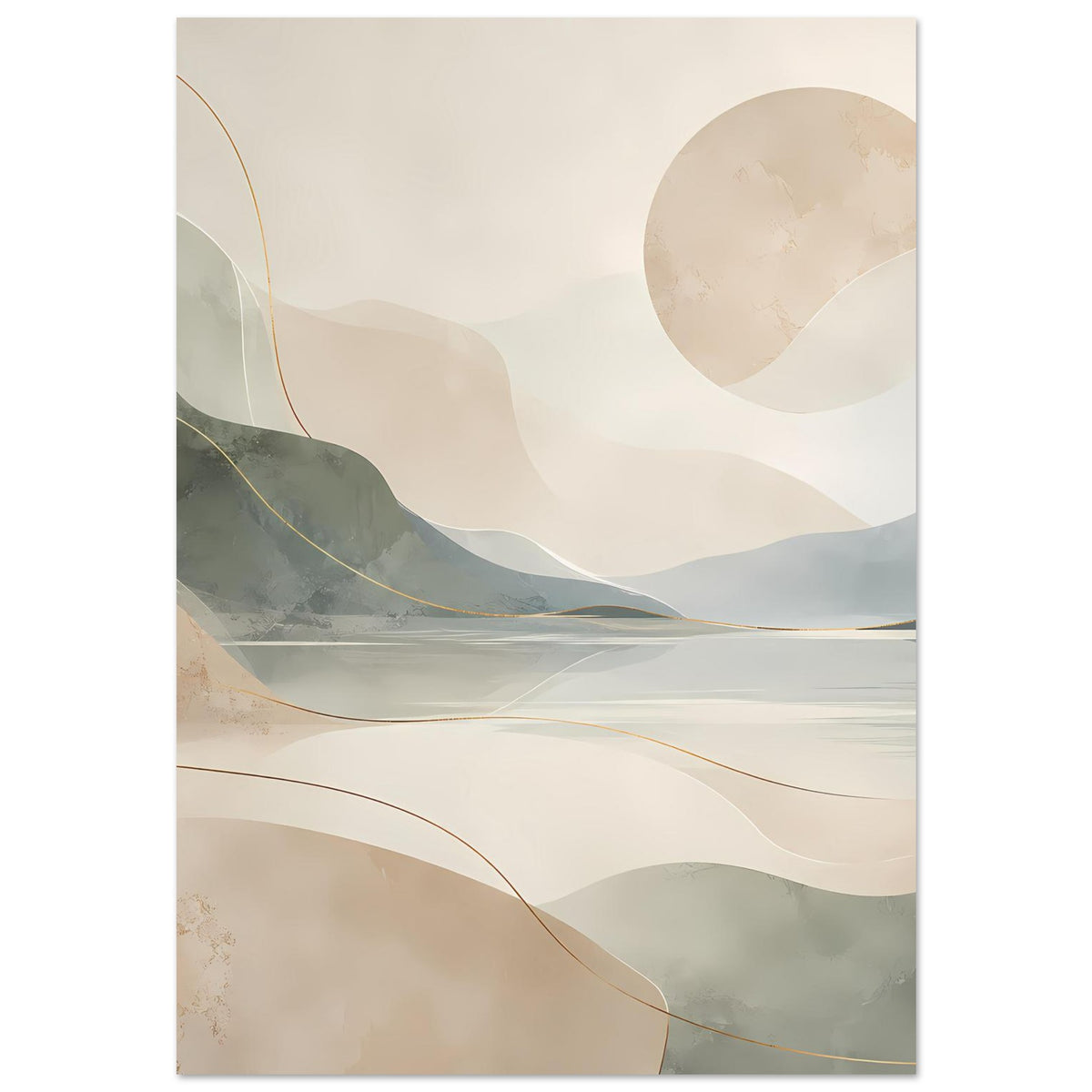 Poster mit abstraktem Landschaftsmotiv: Berge, See, beiger Himmel und Goldlinien