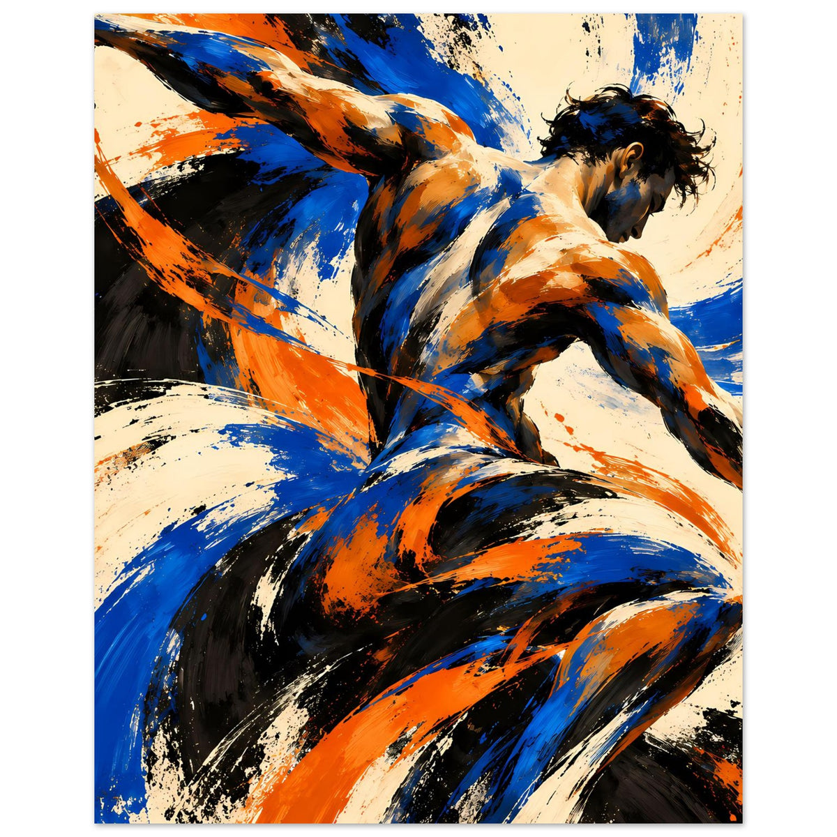 Kunstposter mit abstrakter Aktfigur in Blau, Orange und Schwarz, dynamische Pinselstriche