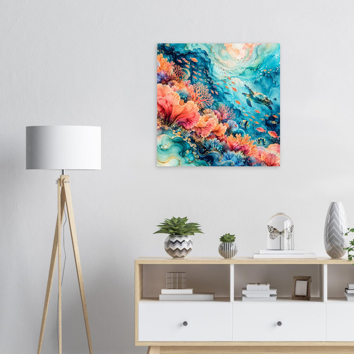 Quadratisches Poster mit buntem Unterwasser-Motiv, Korallen und Fischen