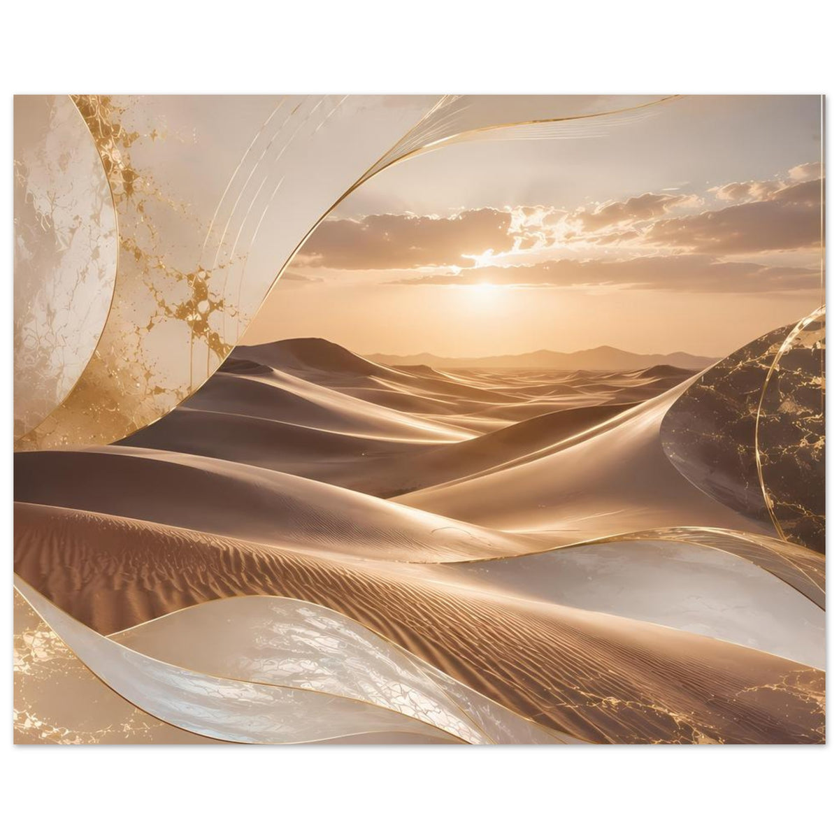 Gerahmtes Querformat-Poster mit goldenen Kurven, Sanddünen in Beige und Dunkelbraun