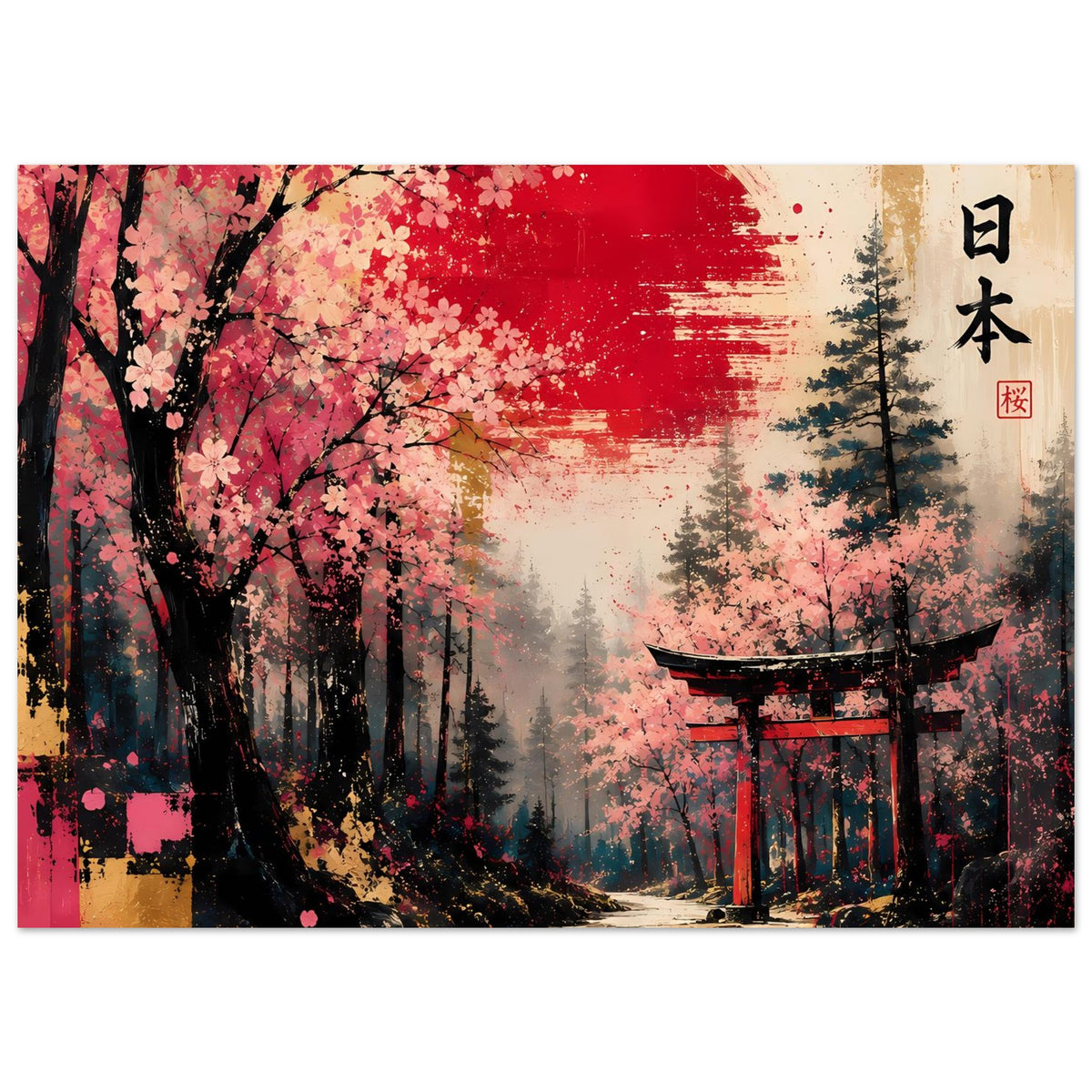Querformat-Poster mit Kirschblütenwald, Torii in Dunkelblau und markantem Rotbogen