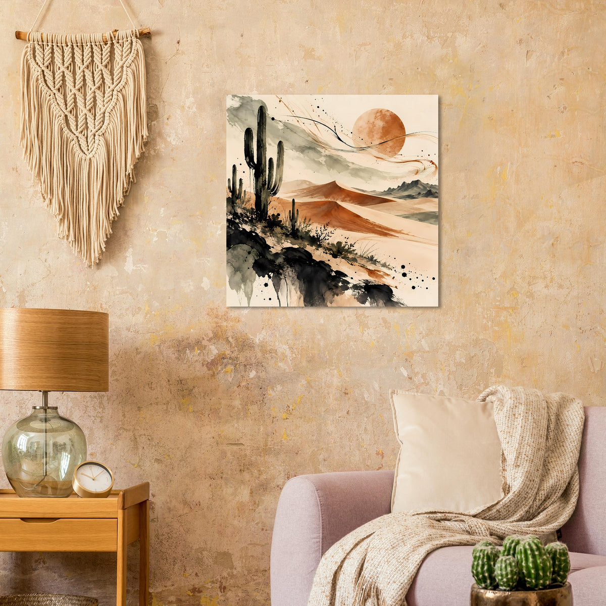 Wüsten-Poster mit Kaktus, Sanddünen und warmen Erdtönen, rechteckiger Kunstdruck.