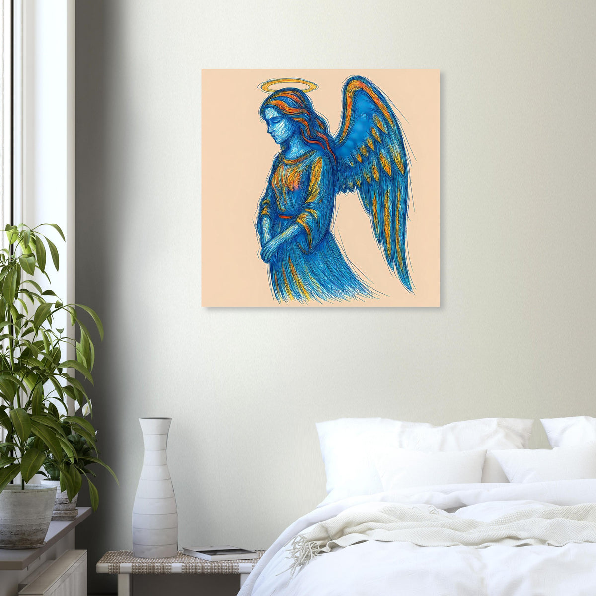 Poster mit blauem Engelprofil, golden gerahmter Heiligenschein und bewegte Flügel