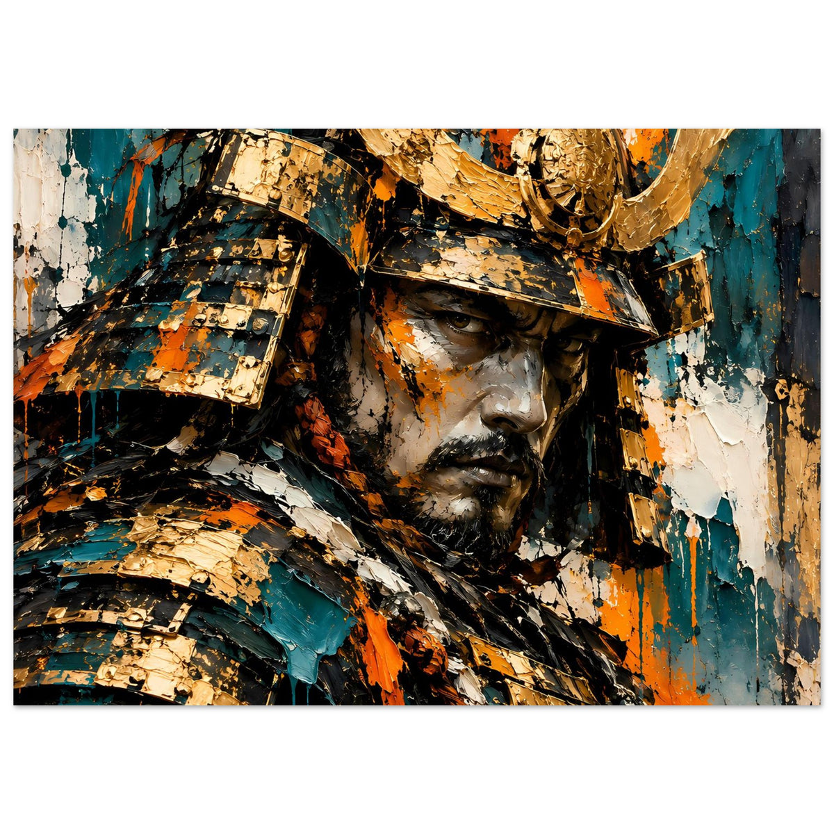 Horizontales Poster: Samurai-Krieger mit Helm und Blick nach vorn, Gold-Teal-Spritzer