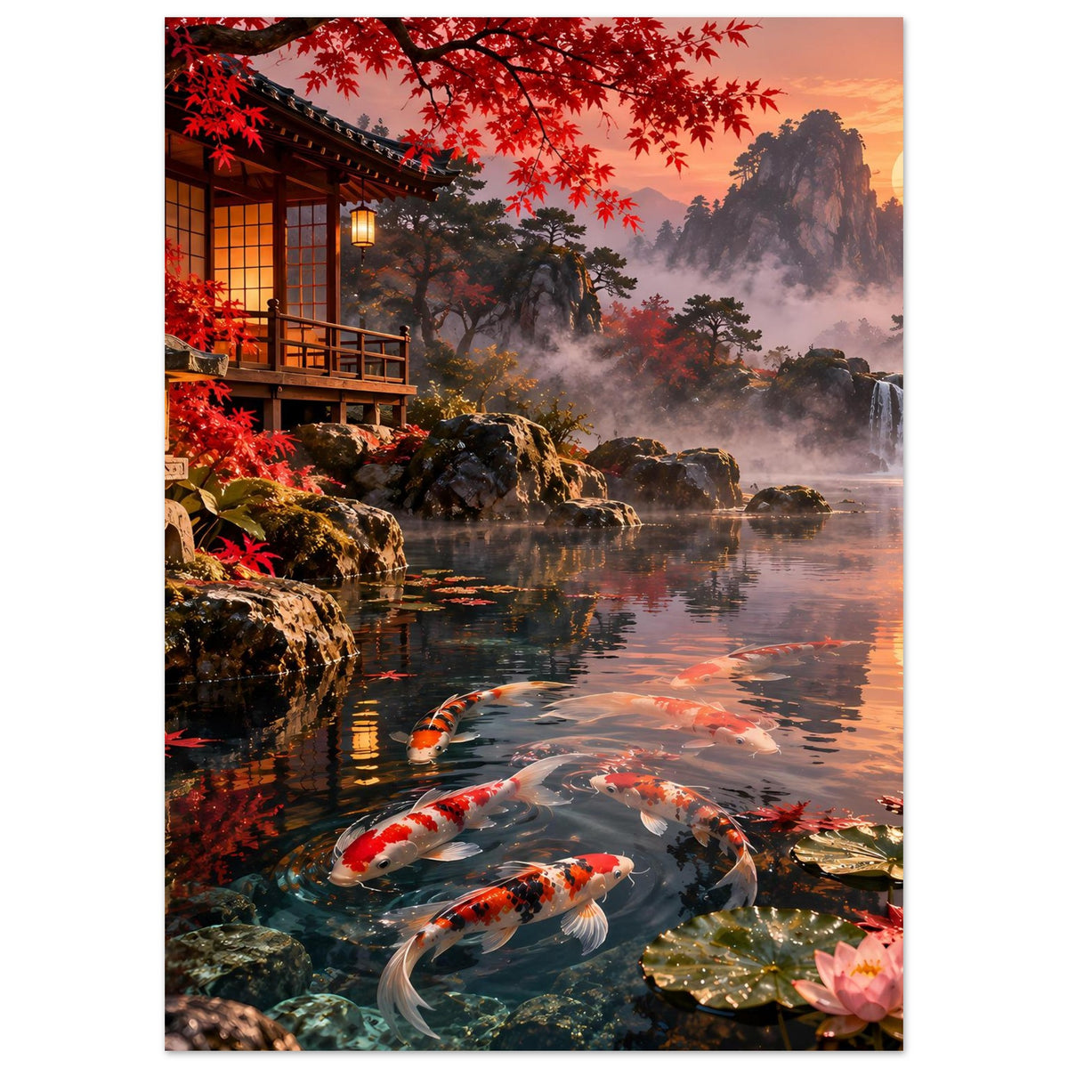 Kunstposter mit Koi im Vordergrund, Steinen am Ufer, Wasserfall in der Ferne