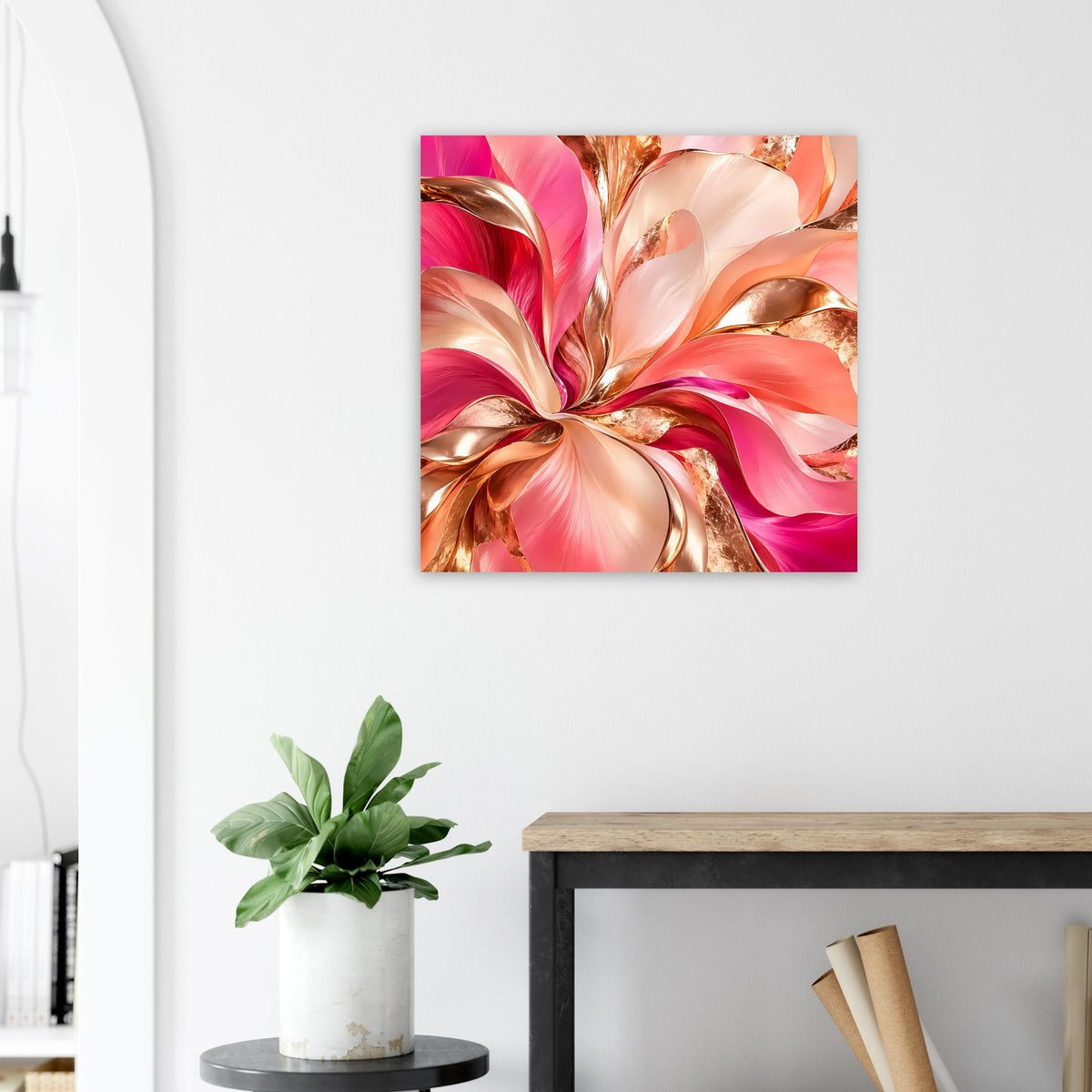 Quadratisches Poster mit abstrakten Blumenwirbeln in Rosa und Gold