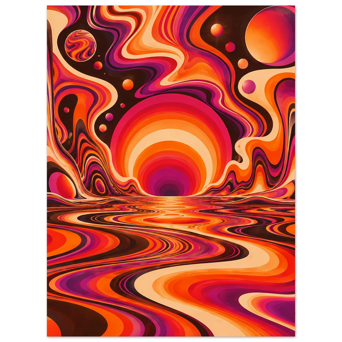 Vertikales Poster mit orange-violettem Wirbelbild, runde Sonne und geschwungene Wellenlinie