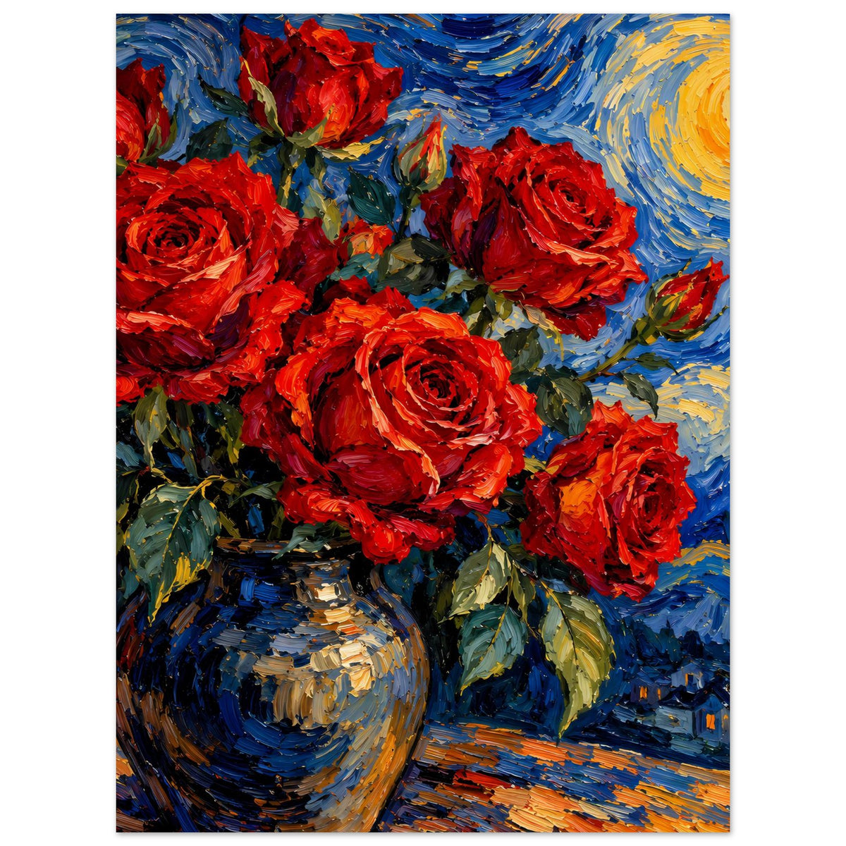 Poster mit rotem Rosenstrauß, Vase im Vordergrund, blau-gelber Pinselstrich- Hintergrund, senkrecht