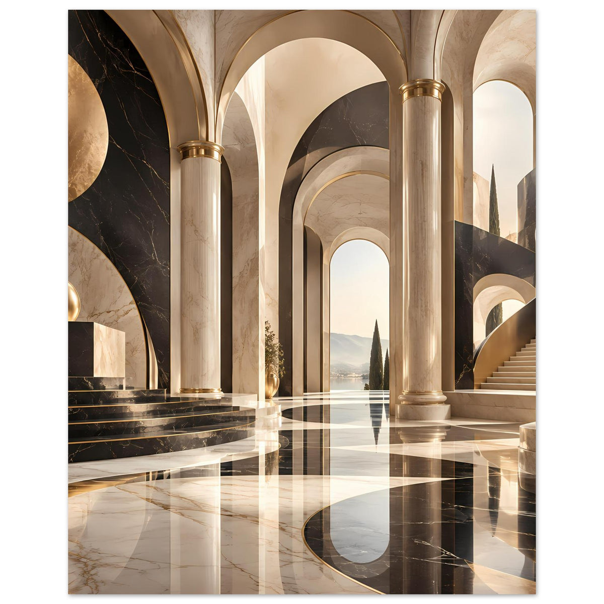 Vertikales Architekturposter mit goldenen Säulen, dunklen Bögen und spiegelndem Marmorboden
