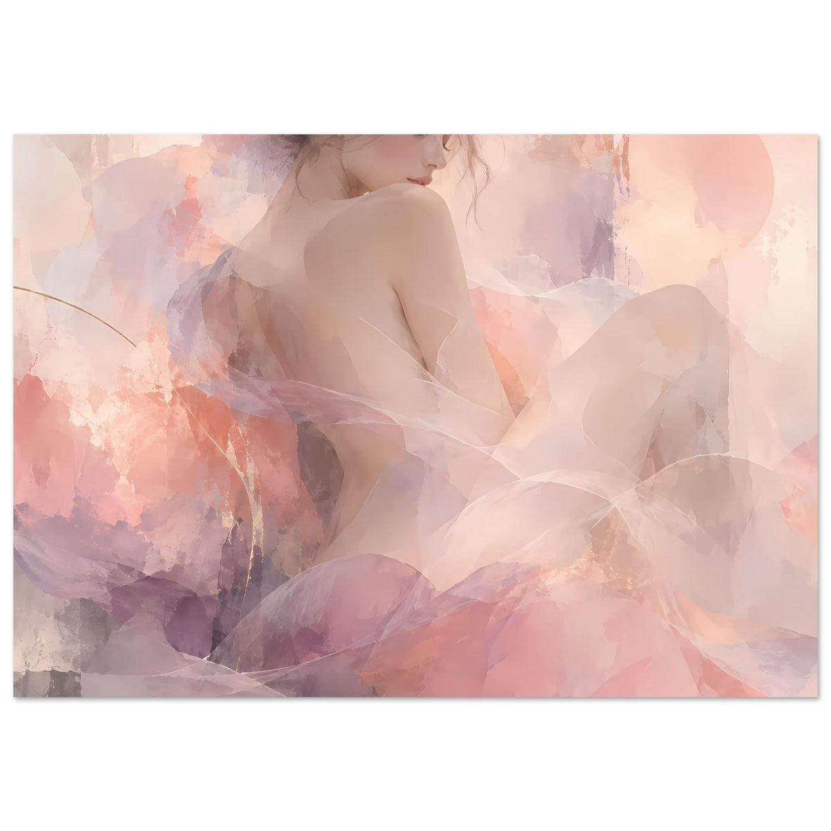 Horizontales Poster mit Damenporträt im Aquarellstil, Pastell-Blush und Lila