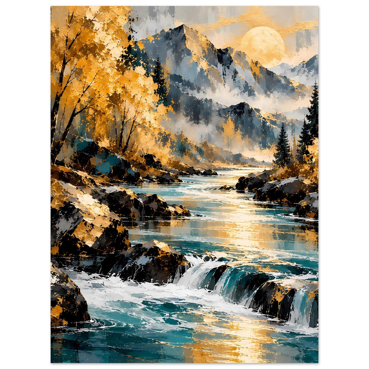 Hochkantposter mit Herbstlandschaft: Fluss, Wasserfall, goldene Blätter und Berge