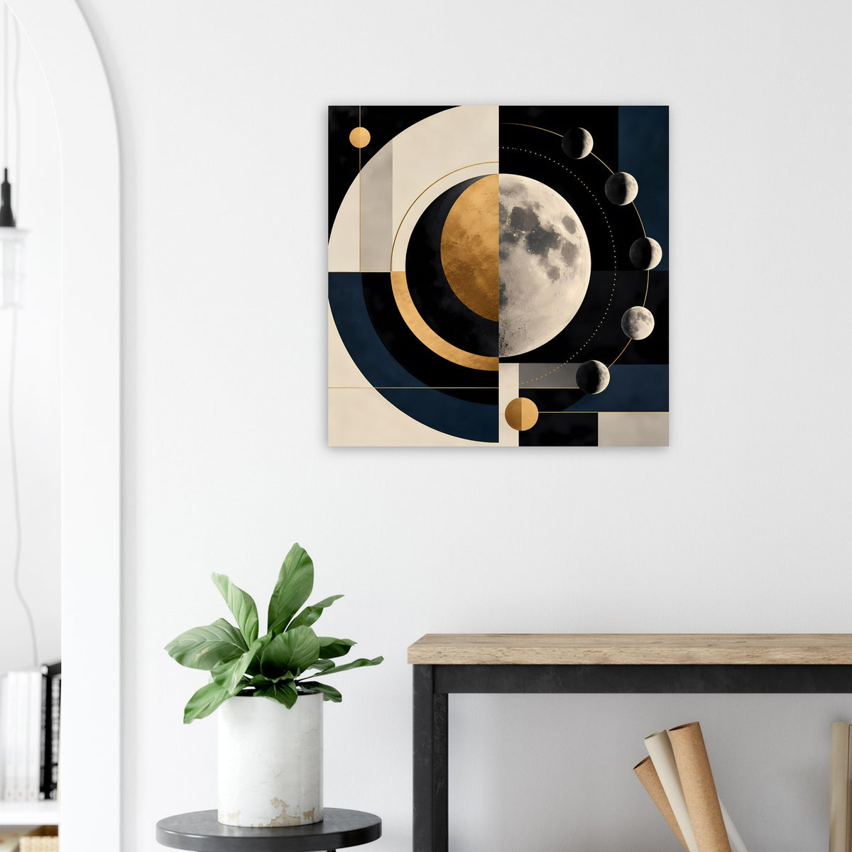 Quadratischer Kunstdruck im Rahmen: Mondphasen aus hellen und dunklen Kreisen mit goldenen Punkten