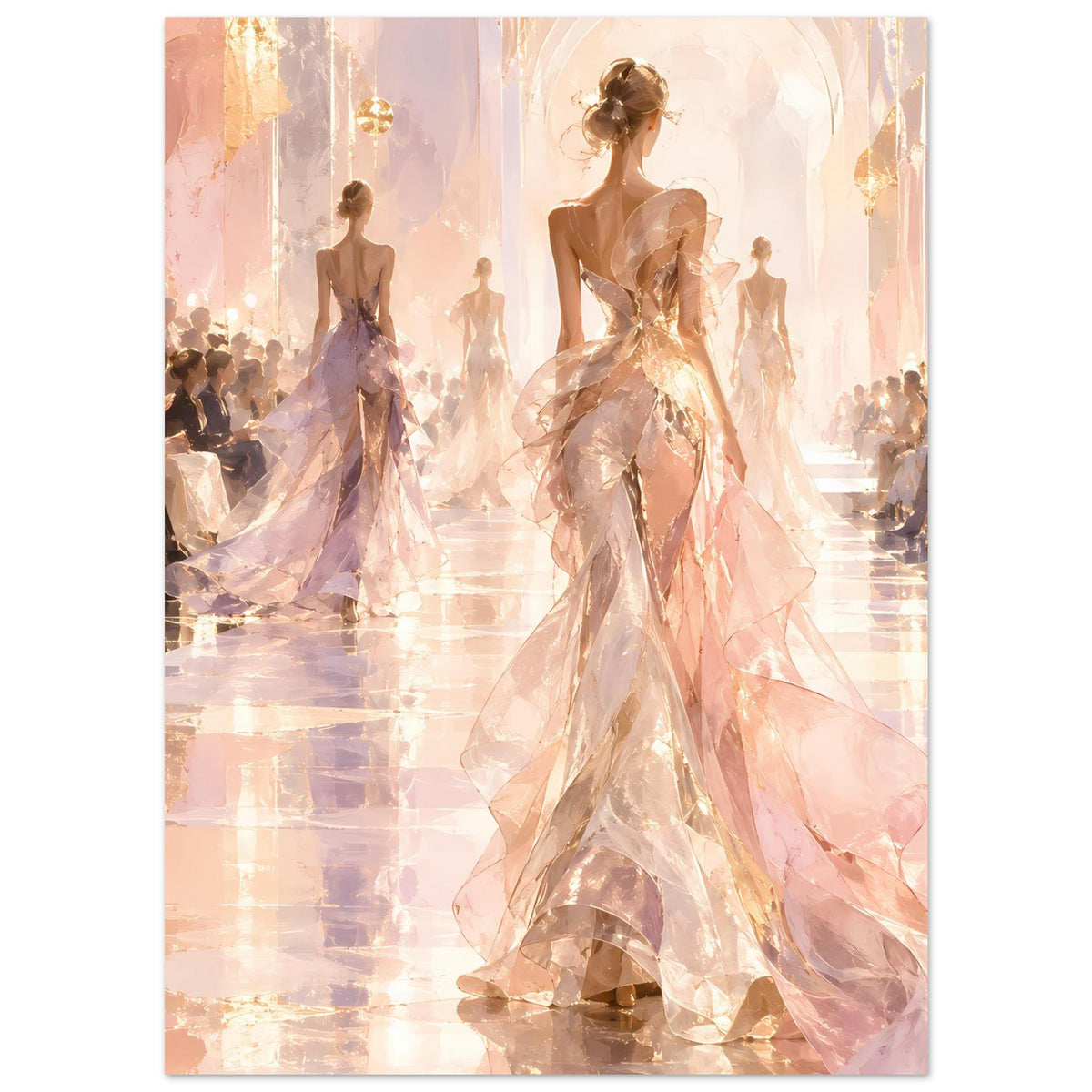 Mode-Runway-Poster mit zentraler Designerfigur in beigem Abendkleid und runder Haarfrisur
