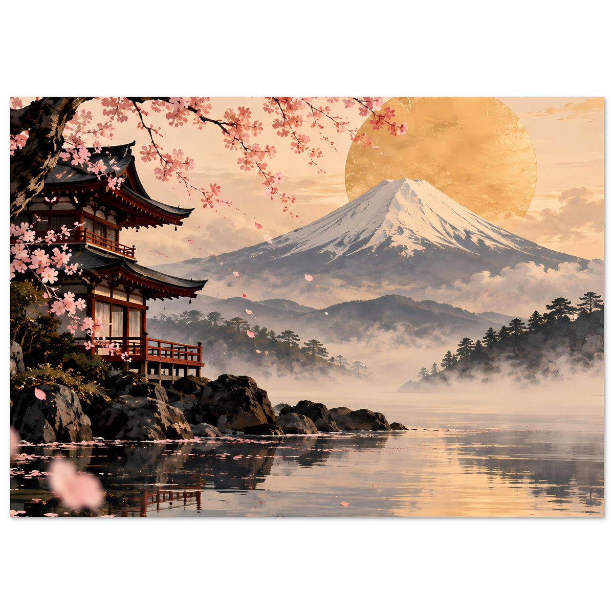 Poster mit Kirschblüten, Fuji-Berg, Pagode links und Abendlicht auf dem See