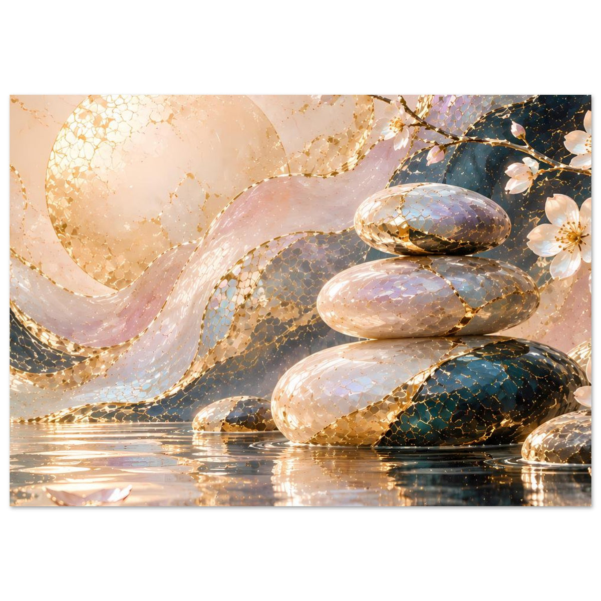 Zen-Motiv-Poster mit goldenen Akzenten: Steinbalancierung im Wasser, Blüten und Zweige