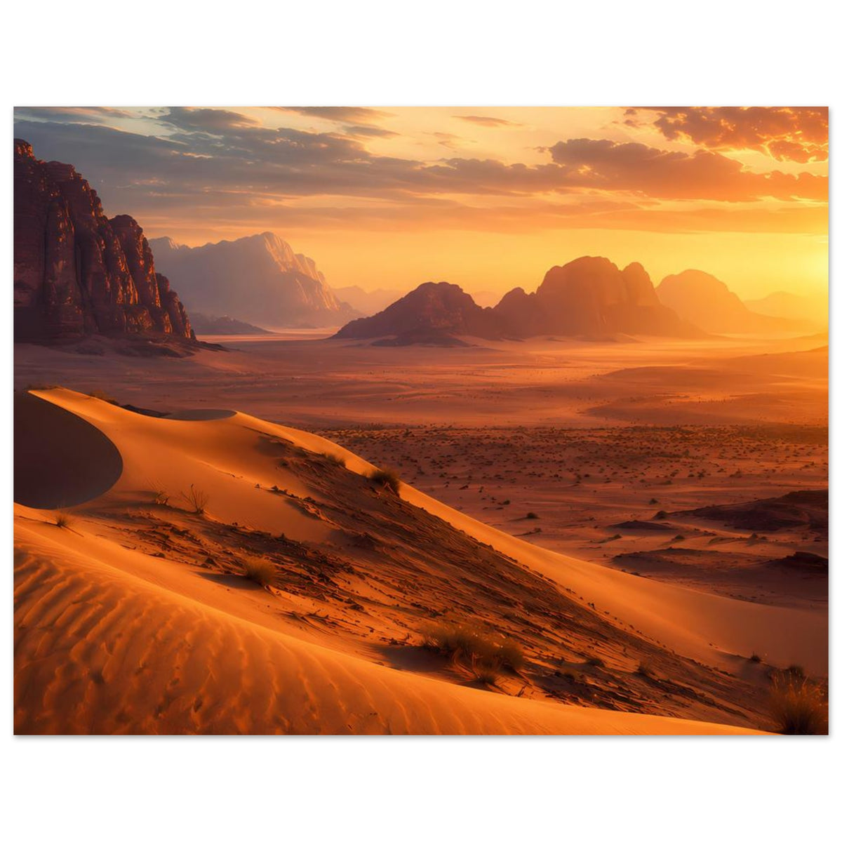 Horizontales Wüstenlandschafts-Poster mit Sanddünen, Felsen und goldenem Abendhimmel