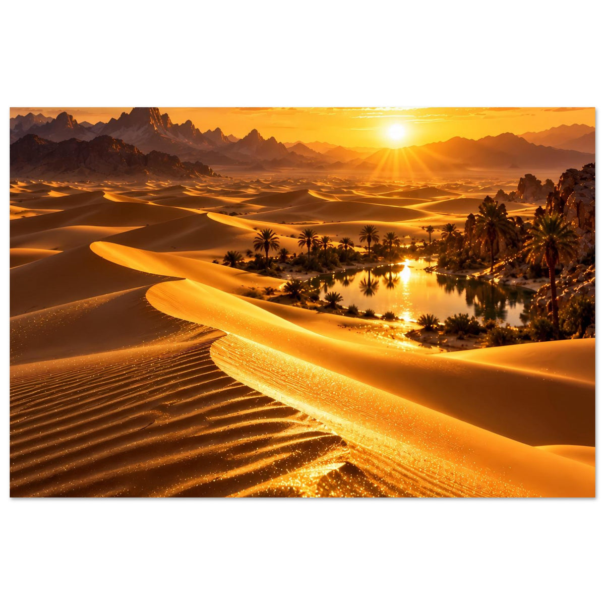 Wüstenlandschaft-Poster: Blick über Dünen und Oase mit Palmen bei goldenem Sonnenuntergang