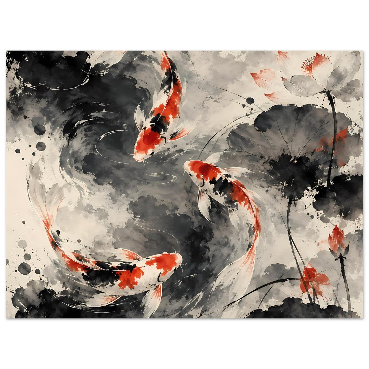 Poster im Hochformat mit Koi-Fischen, schwarz-graue Tusche und orange Spritzer, mit weißem Rand