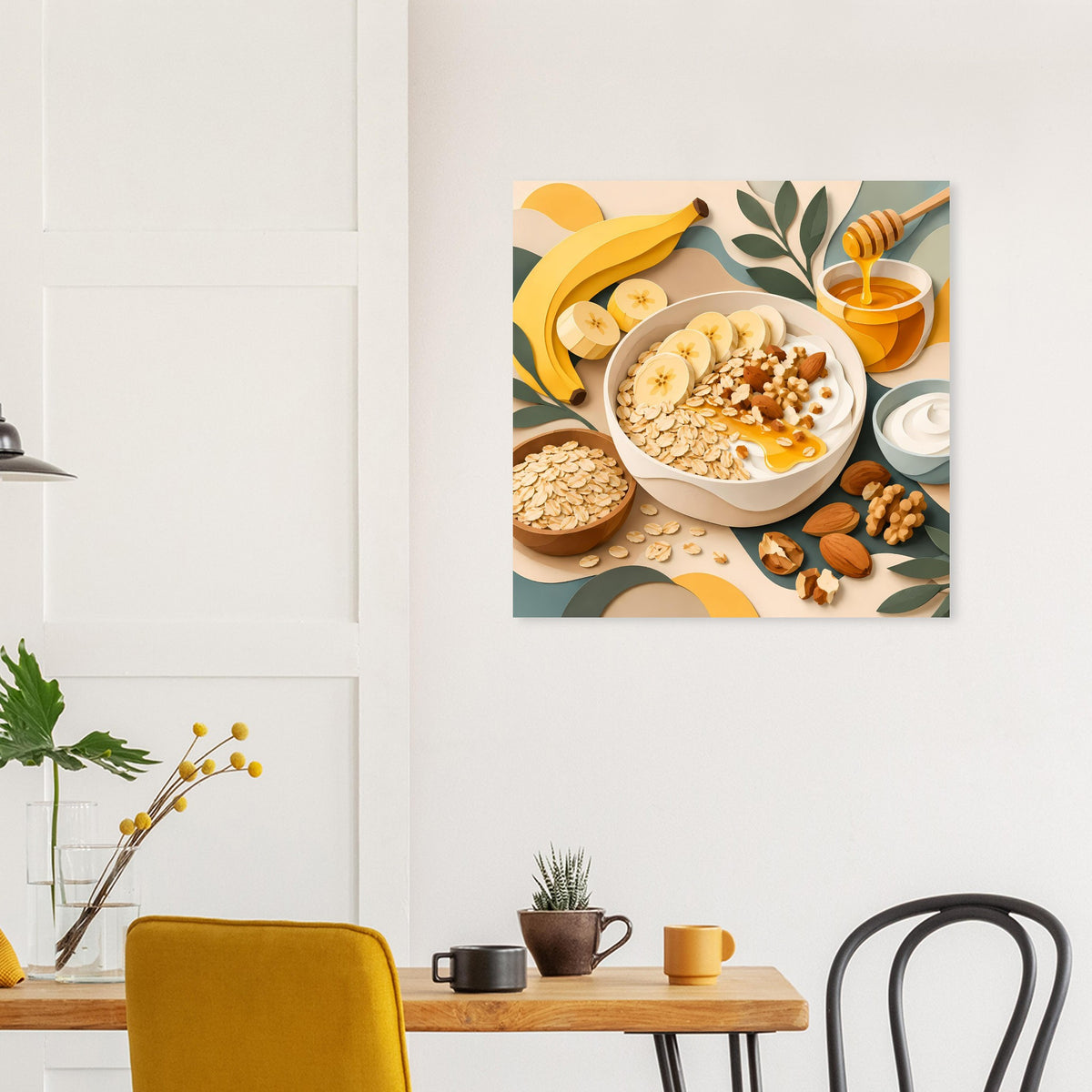 Quadratisches Poster mit Frühstücksmotiv: Schüssel mit Haferflocken, Honigglas und Mandeln