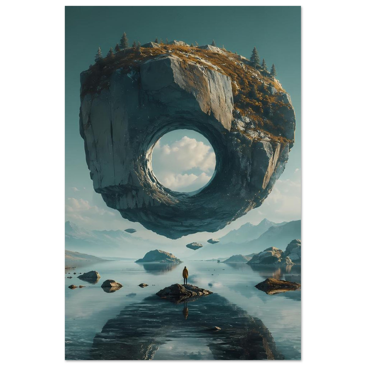 Vertikales surreales Poster mit schwebendem Felsring über blauem See, rundes Felsloch in der Mitte