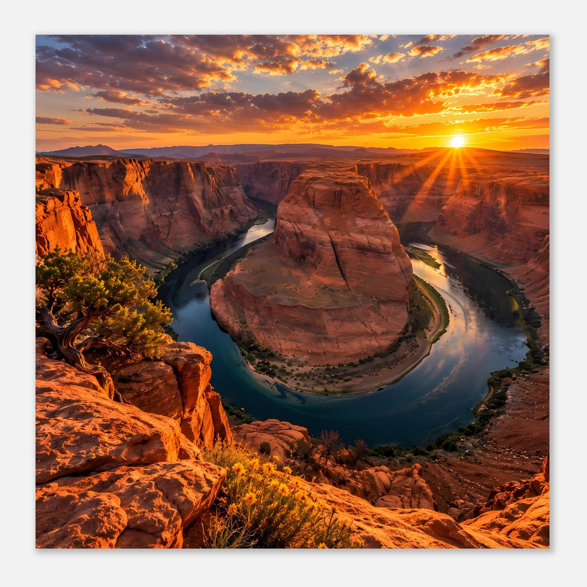 Wandposter im Querformat mit Canyon, Fluss und Sonnenuntergang am Horizont