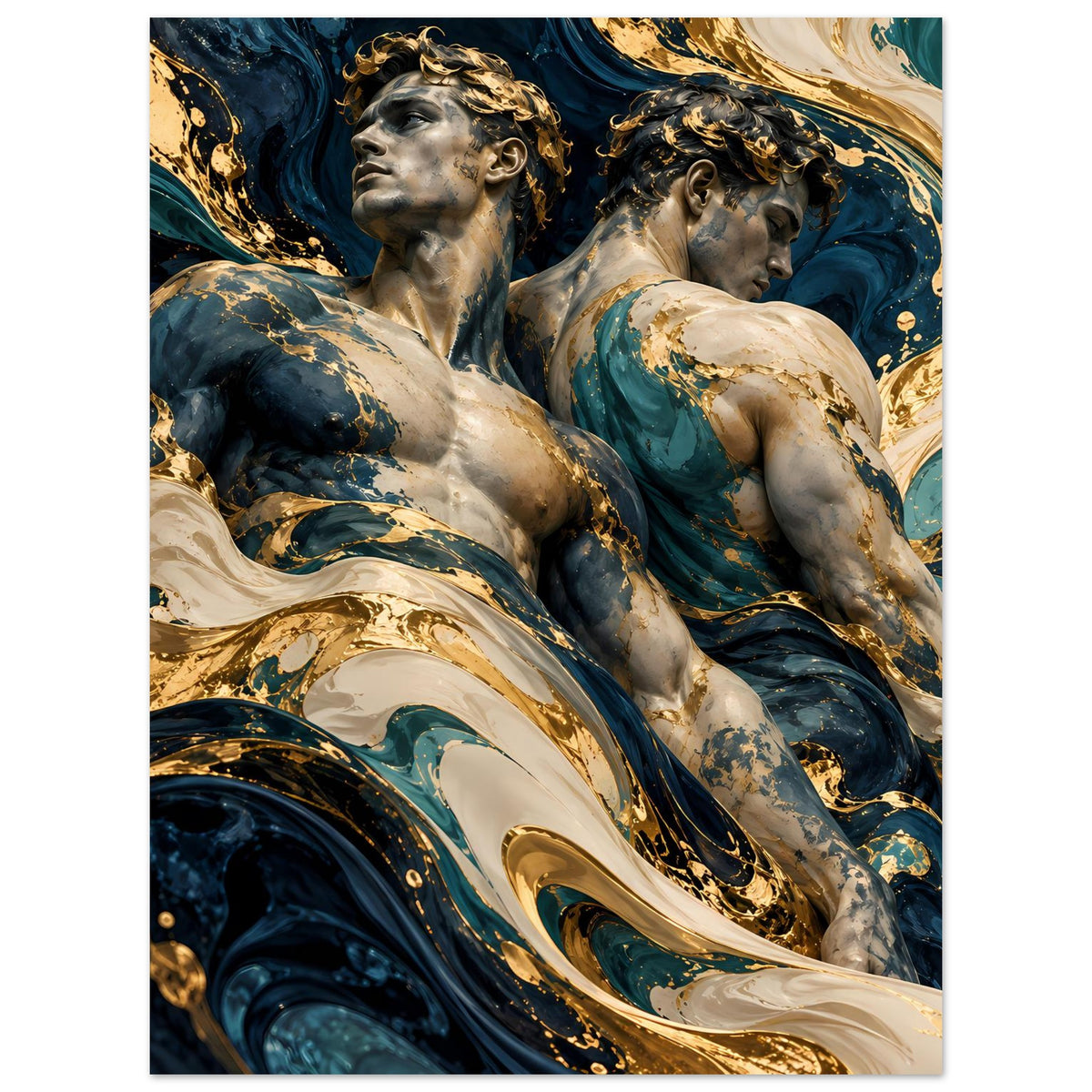 Kunstposter mit zwei antiken Figuren in Blau und Gold, vertikal, zentriert