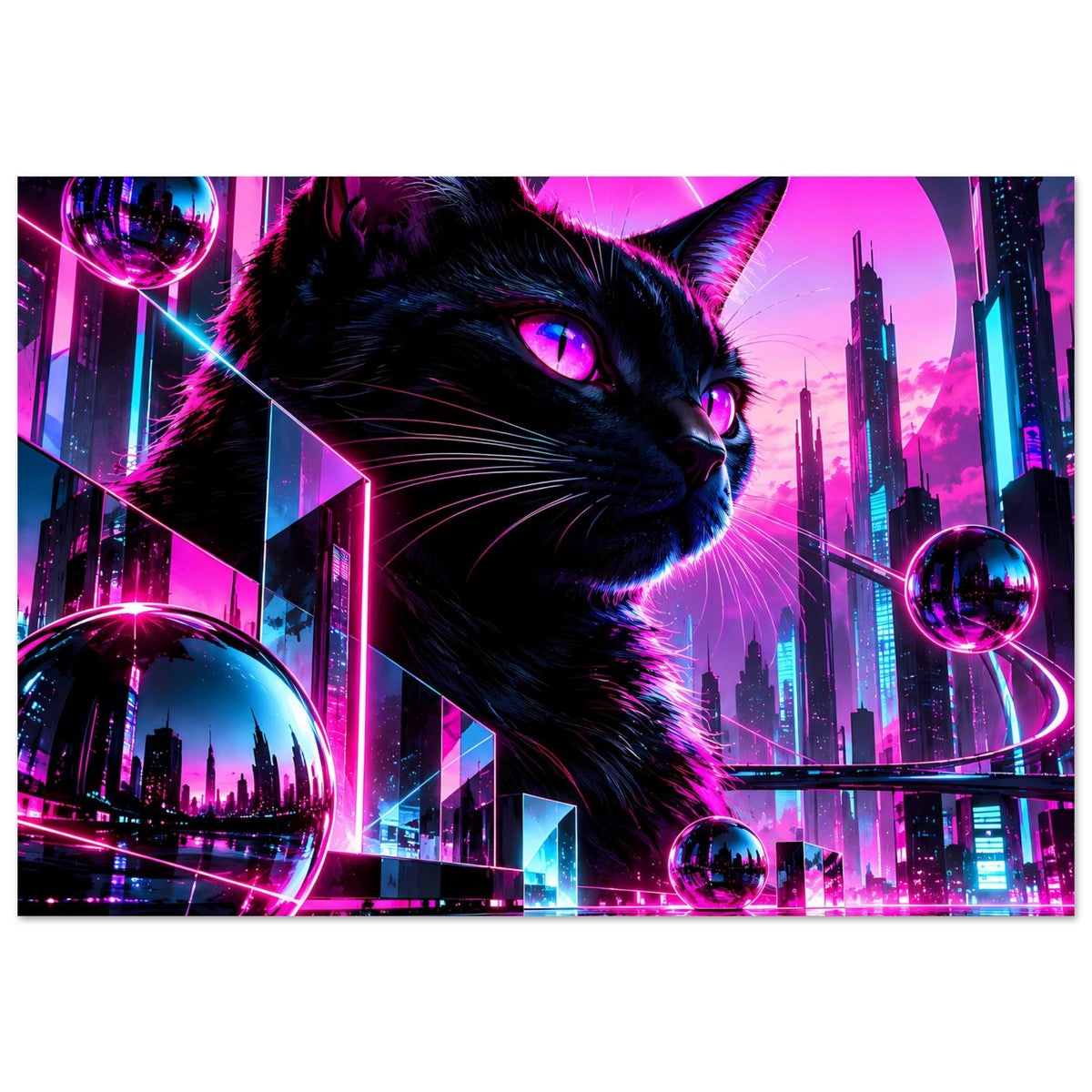 Neon-Katzenposter mit schwarzer Katze, pink-blauem Leuchtdesign, silbernen Kugeln und Skyline