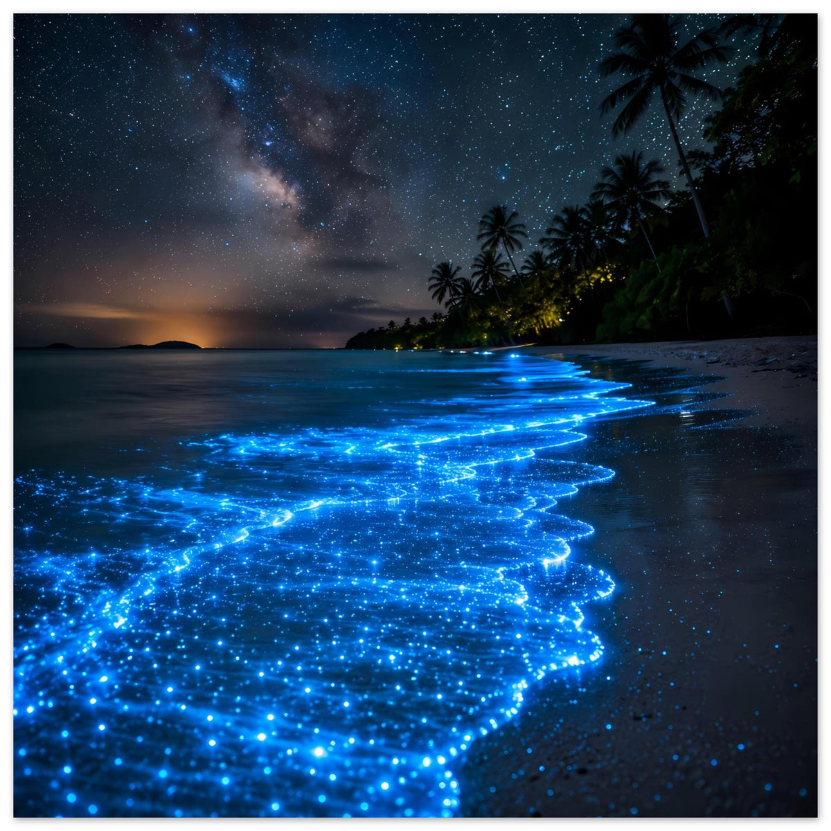 Biolumineszenz-Strandposter mit blau leuchtender Wellenlinie und Palmen am Ufer