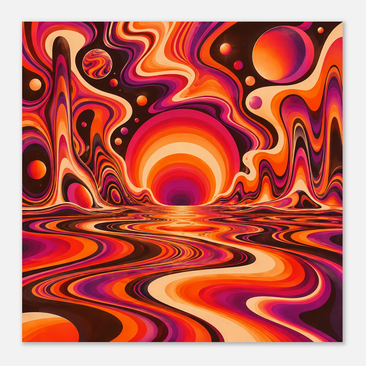 Poster in Queransicht mit orange-violetten Wirbeln, Kreis-Sonne, dunklem Himmel und Punkten
