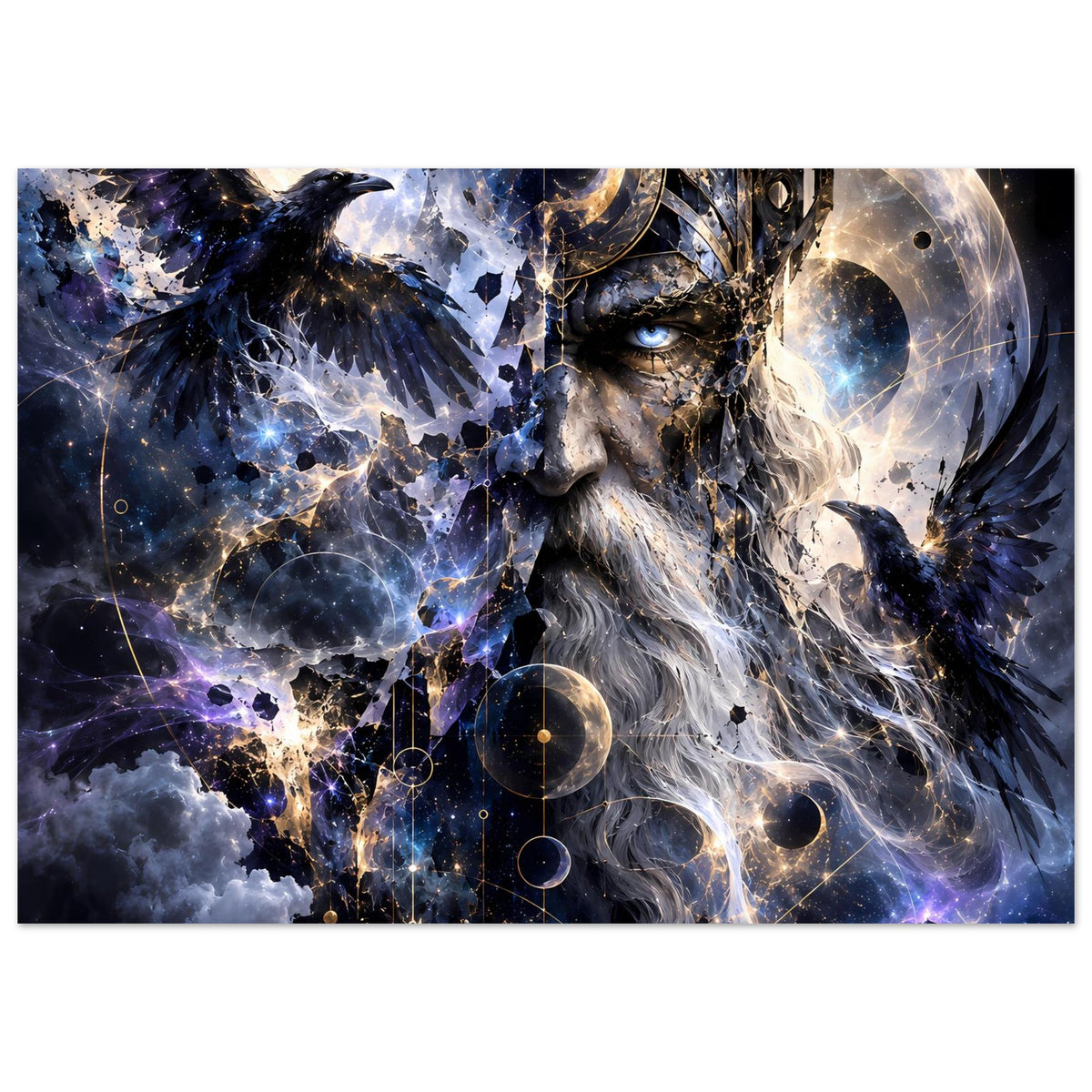 Fantasy-Poster im Querformat mit Königsgesicht, Krähe links und Sternenwirbel im Hintergrund