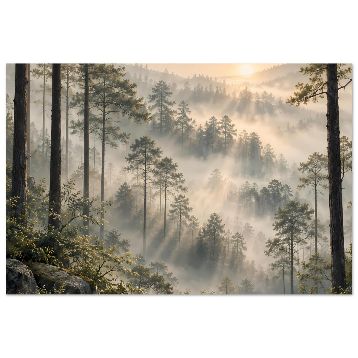 Horizontales Poster mit nebligen Baumreihen, warmem Himmel und Sonnenlicht