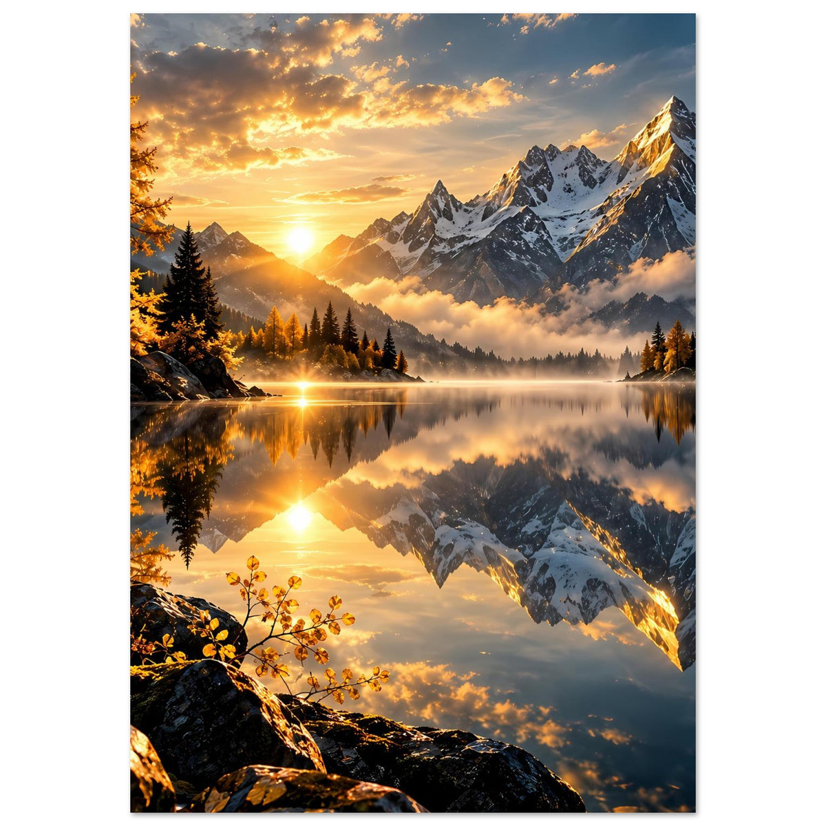 Hochformat-Poster mit Alpengipfeln, ruhigem Bergsee und goldenem Sonnenaufgang