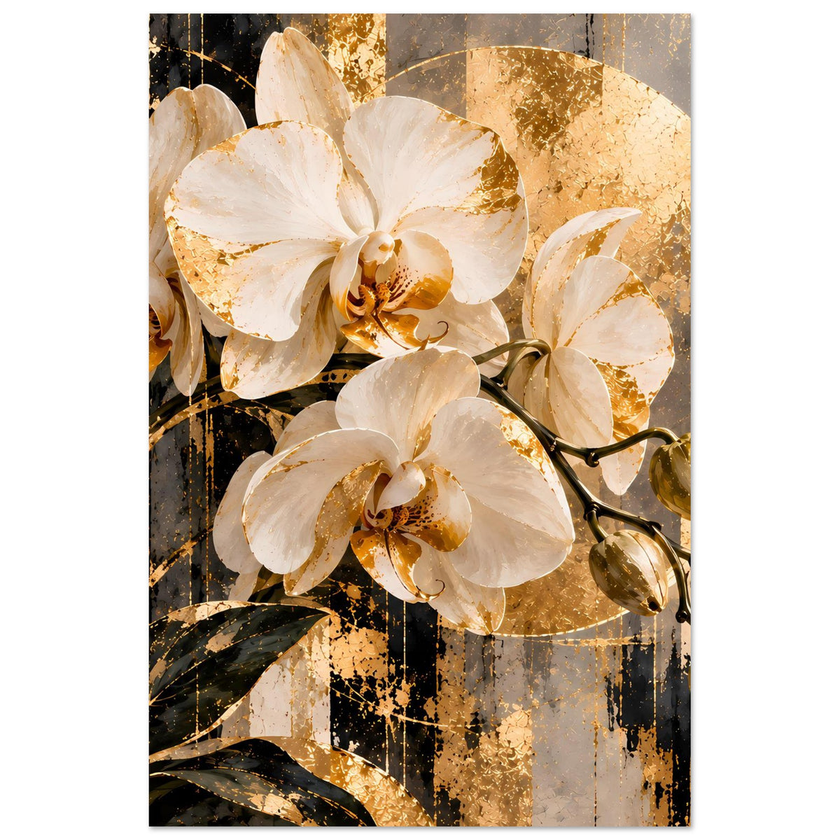 Orchideen-Wandbild vertikal, weiße Blüten und goldfarbene Details, gerahmt
