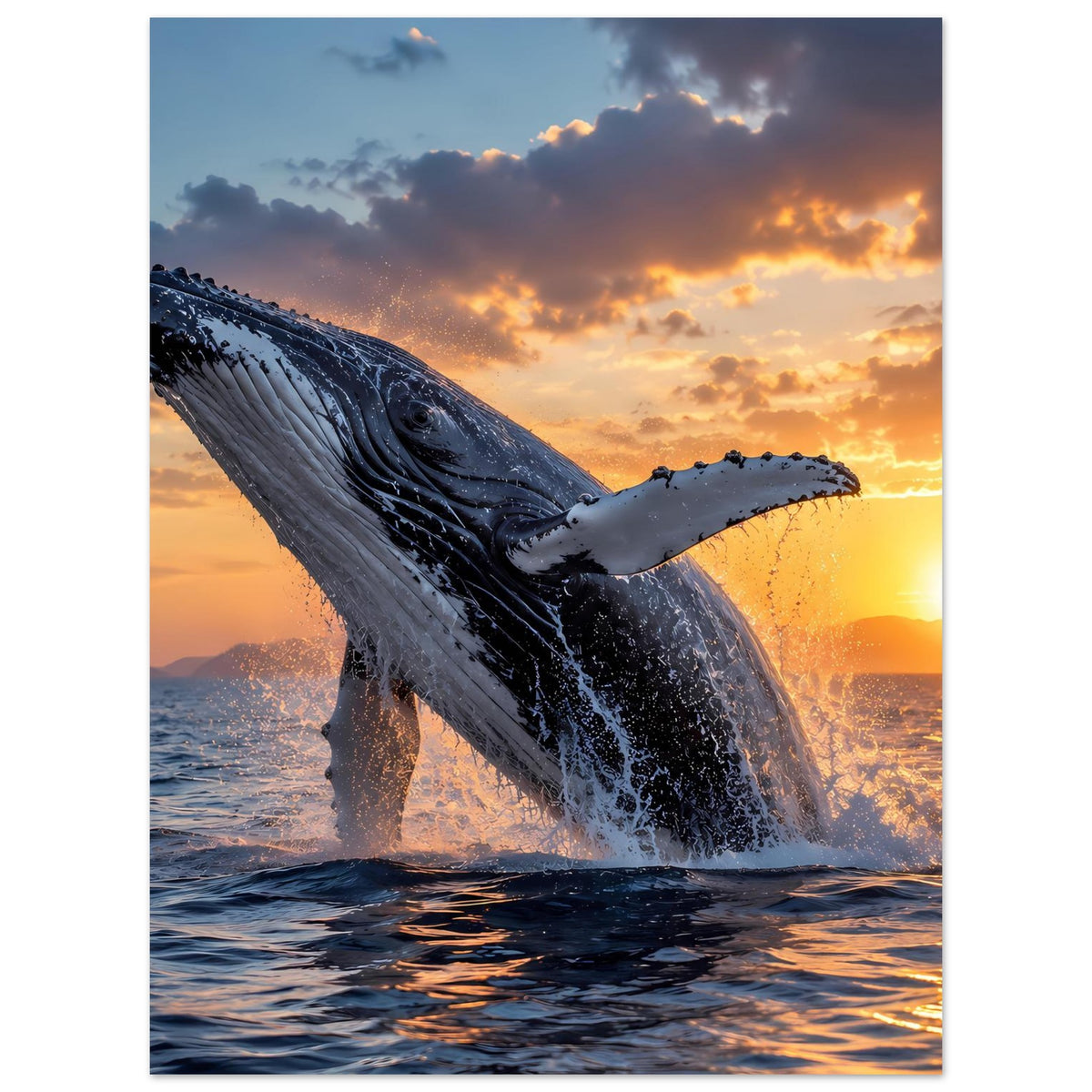 Poster mit springendem Buckelwal vor Sonnenuntergang, dunkelblaues Meer und Himmel
