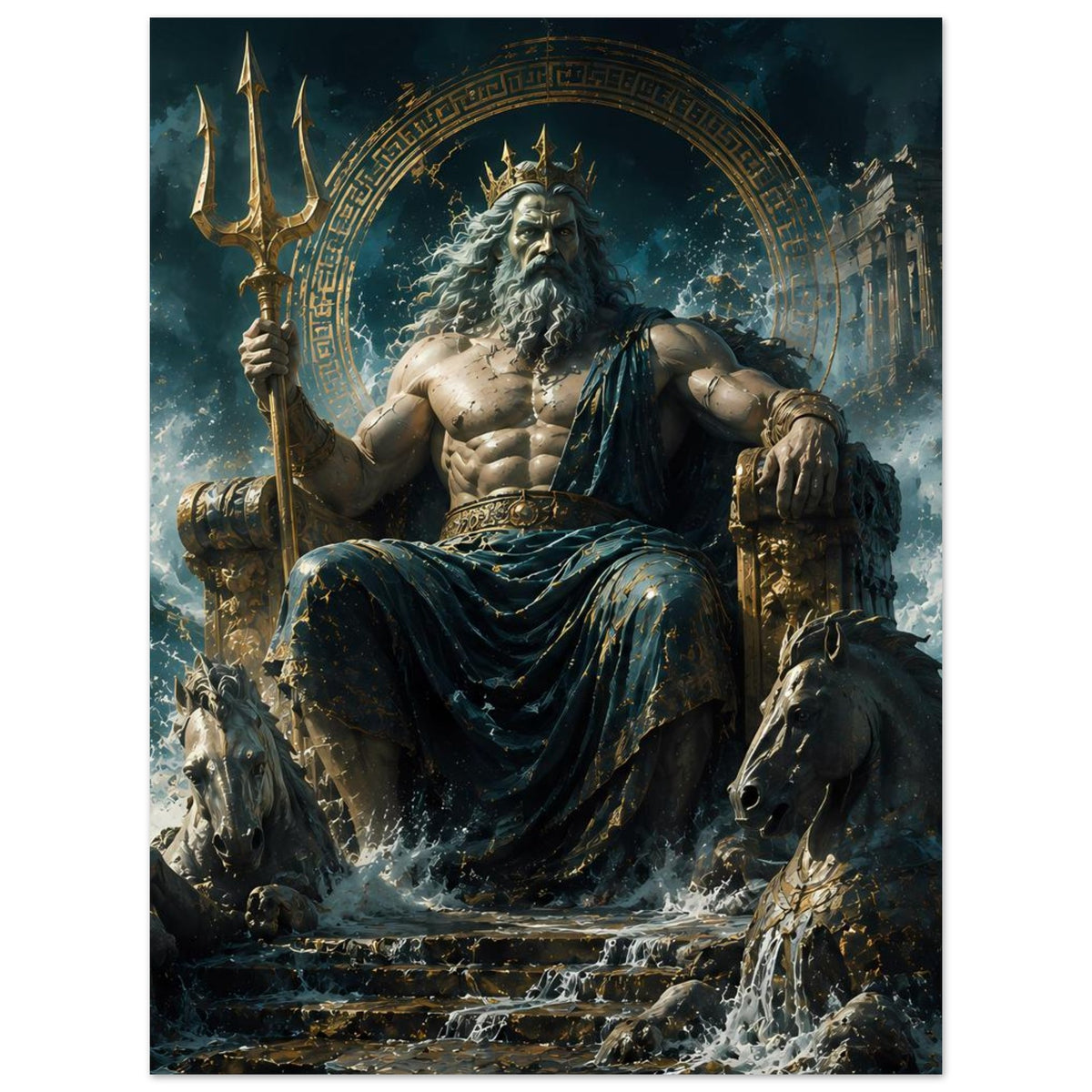 Poster: Poseidon-Meeresgott auf Thron, Dreizack, Wasser spritzt zwischen den Pferden