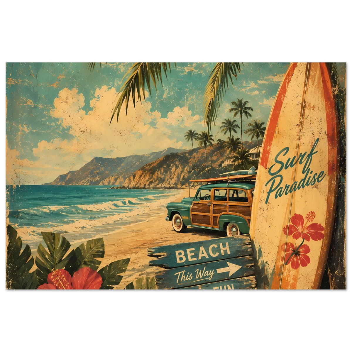 Strandposter mit Surfbrett, grünem Van, Palmen, Blumen und „BEACH / SUN & FUN“.