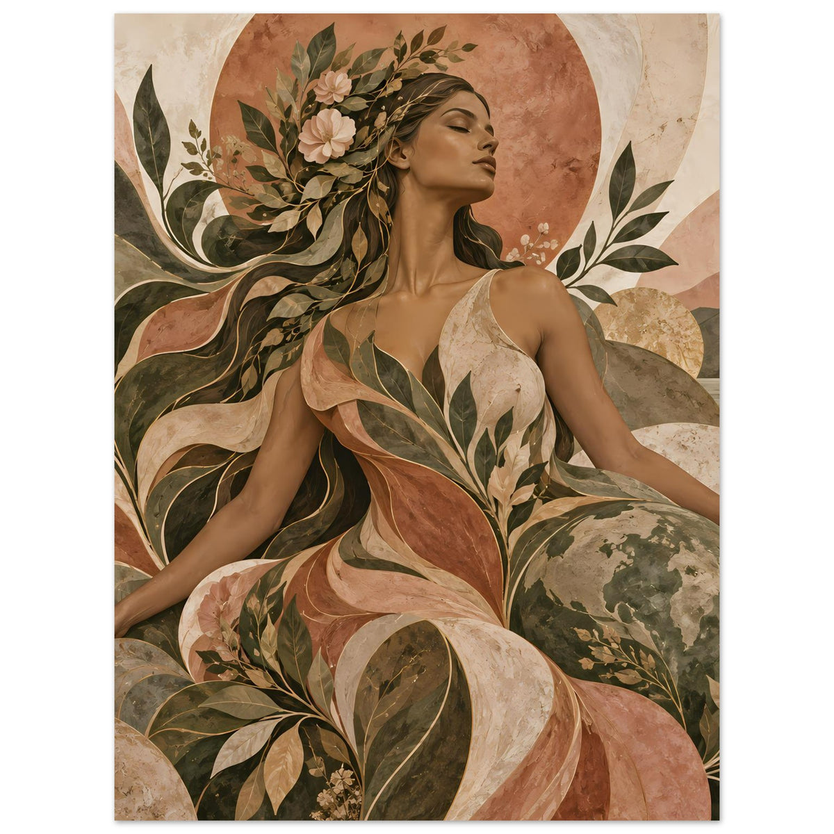 Kunst-Poster im Hochformat mit ganzer Fraufigur im Blatt- und Blumenmotiv, Erdtöne