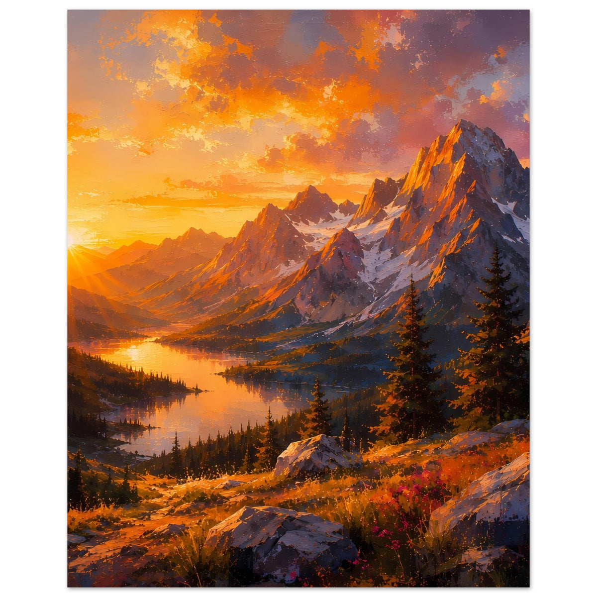 Hochformat-Poster mit Sonnenuntergang, markanten Felsenbergen und spiegelndem Fluss/See