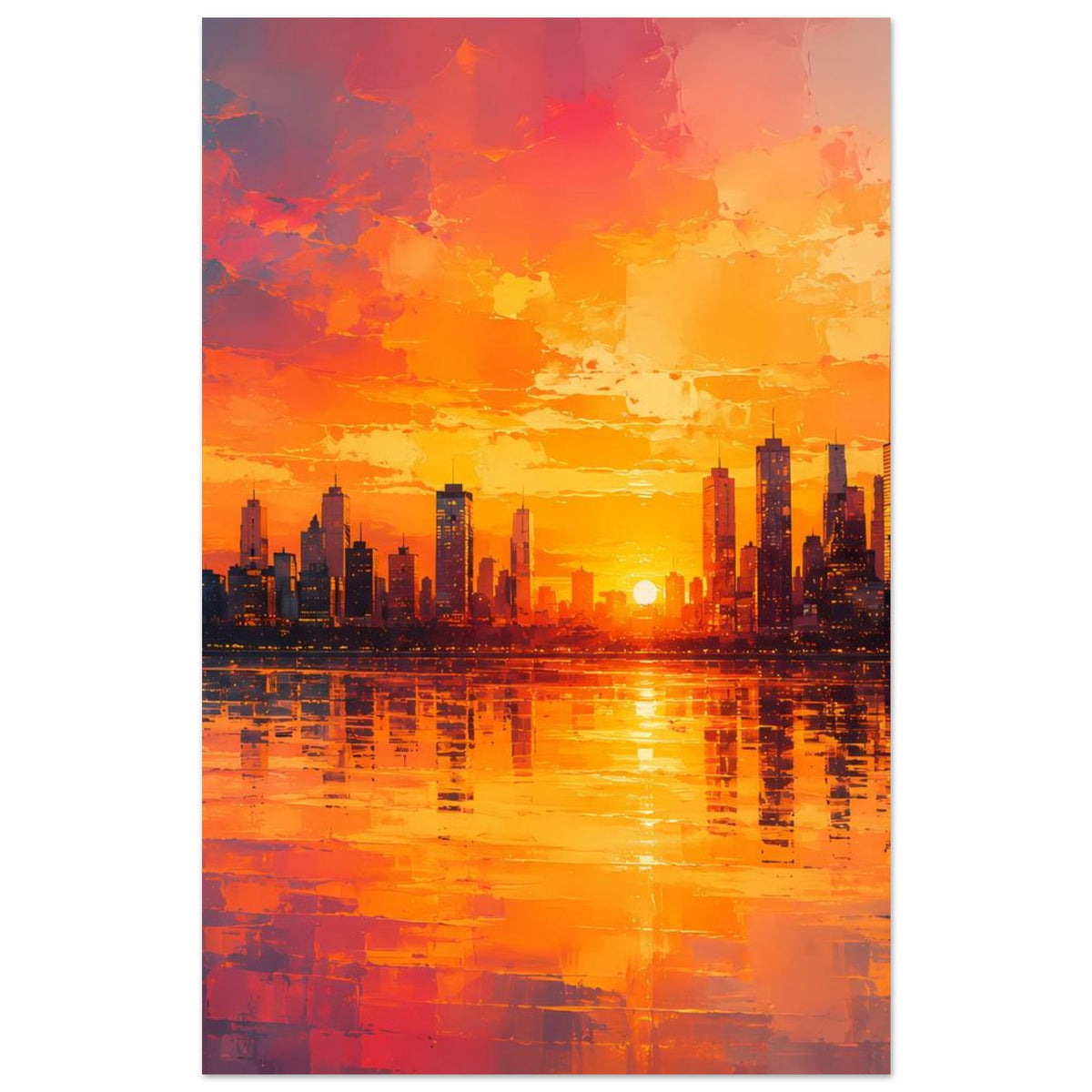 Hochkant-Poster mit Großstadt-Skyline im Sonnenuntergang und reflektierendem Wasser
