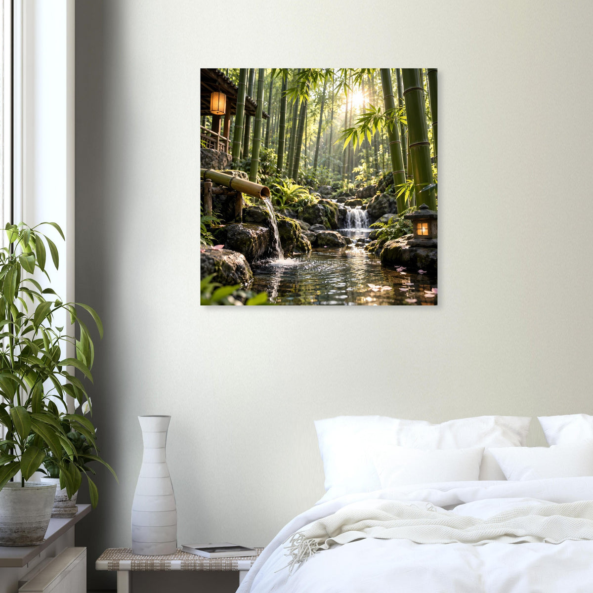 Quadratisches Wandposter mit Bambuswald-Wasserfall und ruhigem Flusslauf
