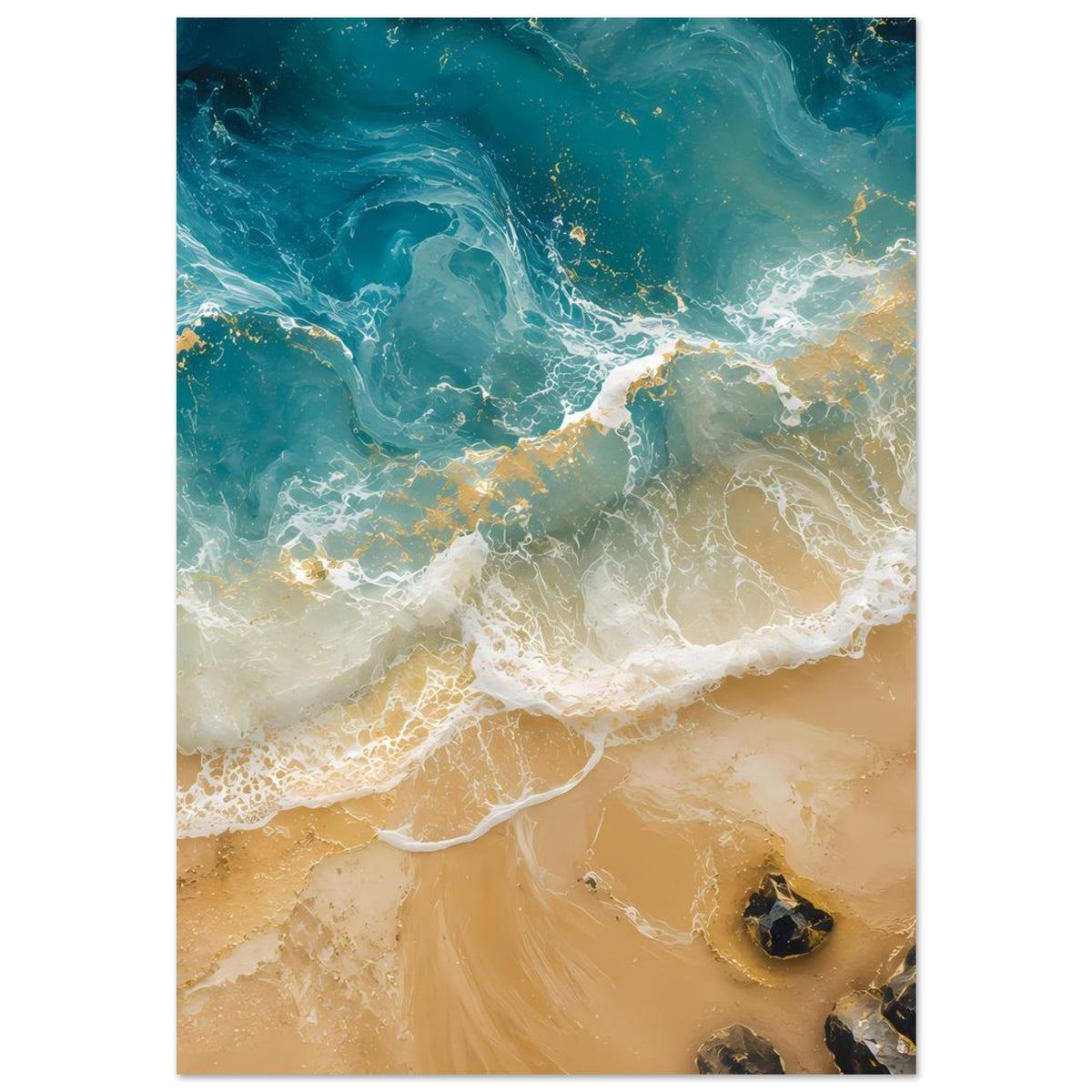 Poster mit Ozeanwellen über goldenem Sand, türkisblau und weißer Schaum mit Felsen