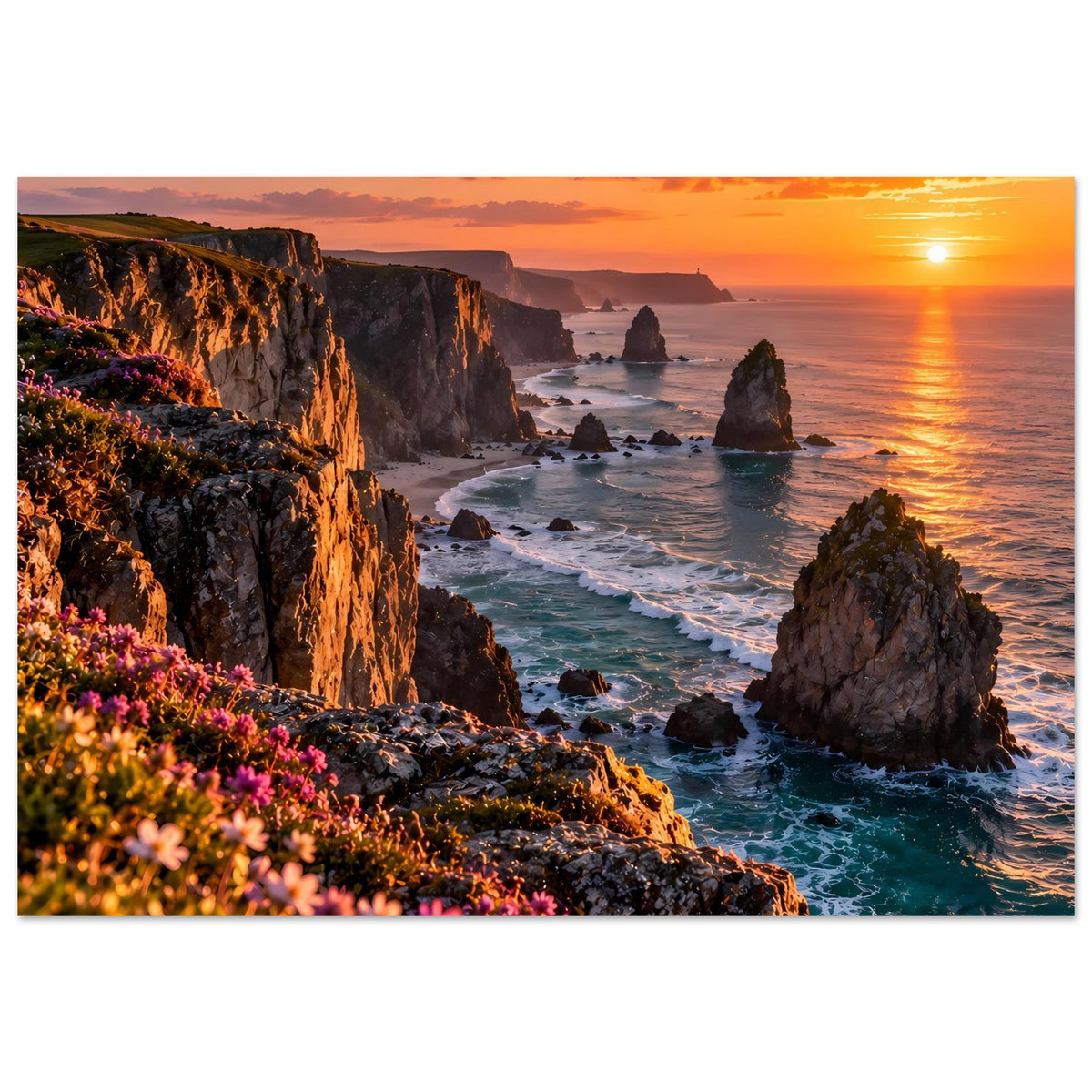 Querformat-Poster mit Sonnenuntergang an der Küste, Klippen, Wellen und Felsnadeln