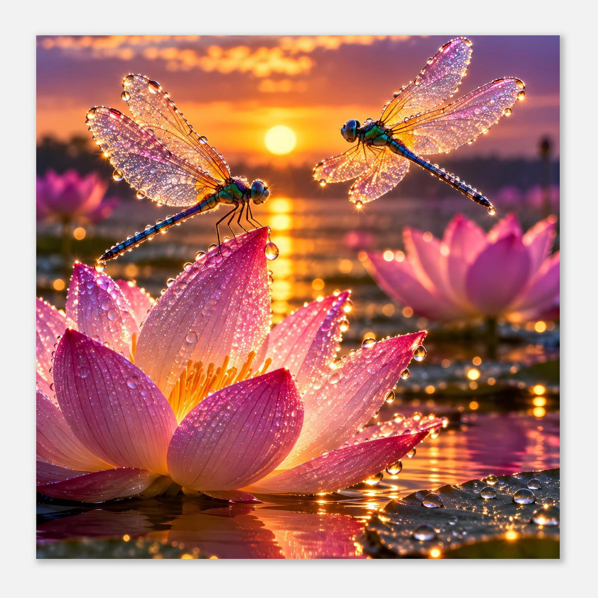 Poster mit Libellen auf rosa Lotusblüten, funkelnde Flügel und Reflexionen auf Wasser