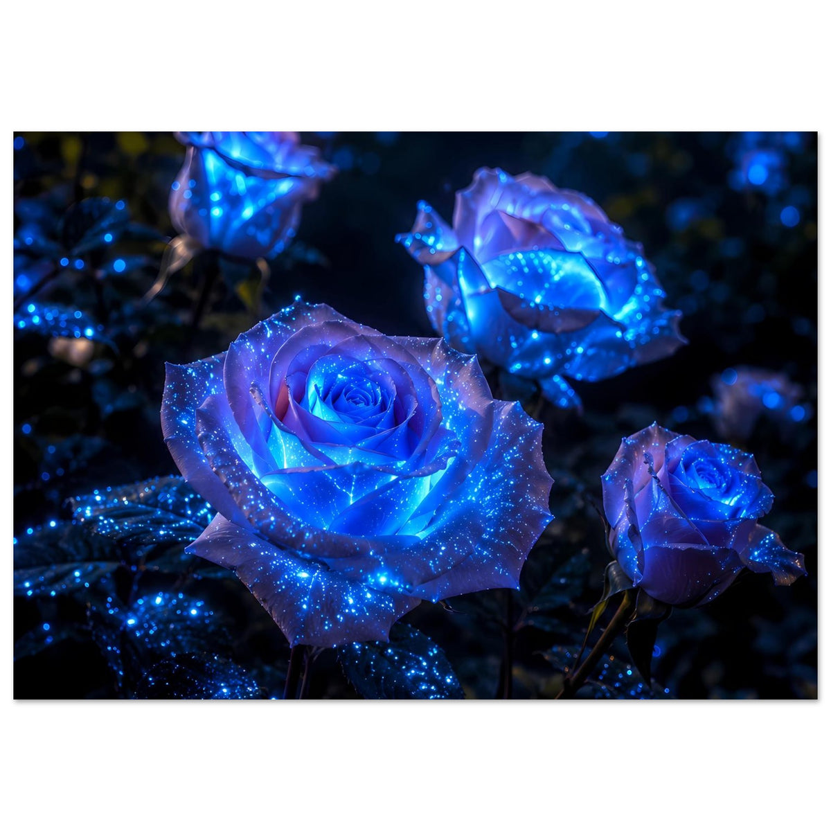 Poster mit leuchtend blauen Rosen, drei Blüten im Fokus, glitzernde Lichtpunkte.