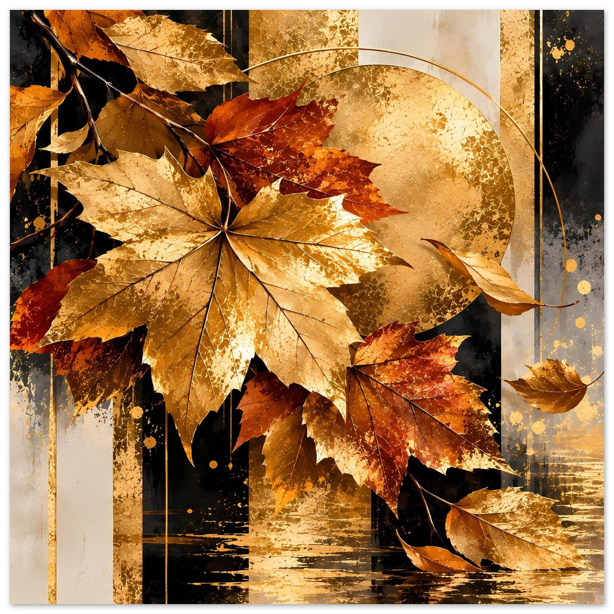 Herbstposter mit goldenen Ahornblättern, goldener Kreissonne und gelb-braunen Farbtönen