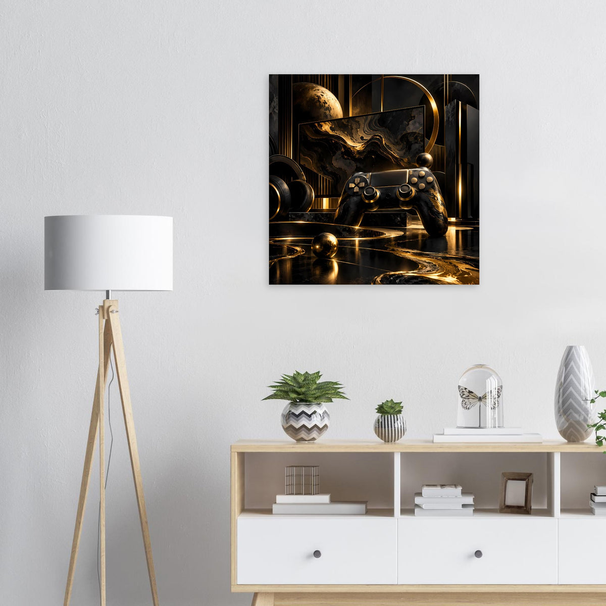 Gaming-Poster mit abstraktem Controller-Motiv in Schwarz und Gold, rechteckig.